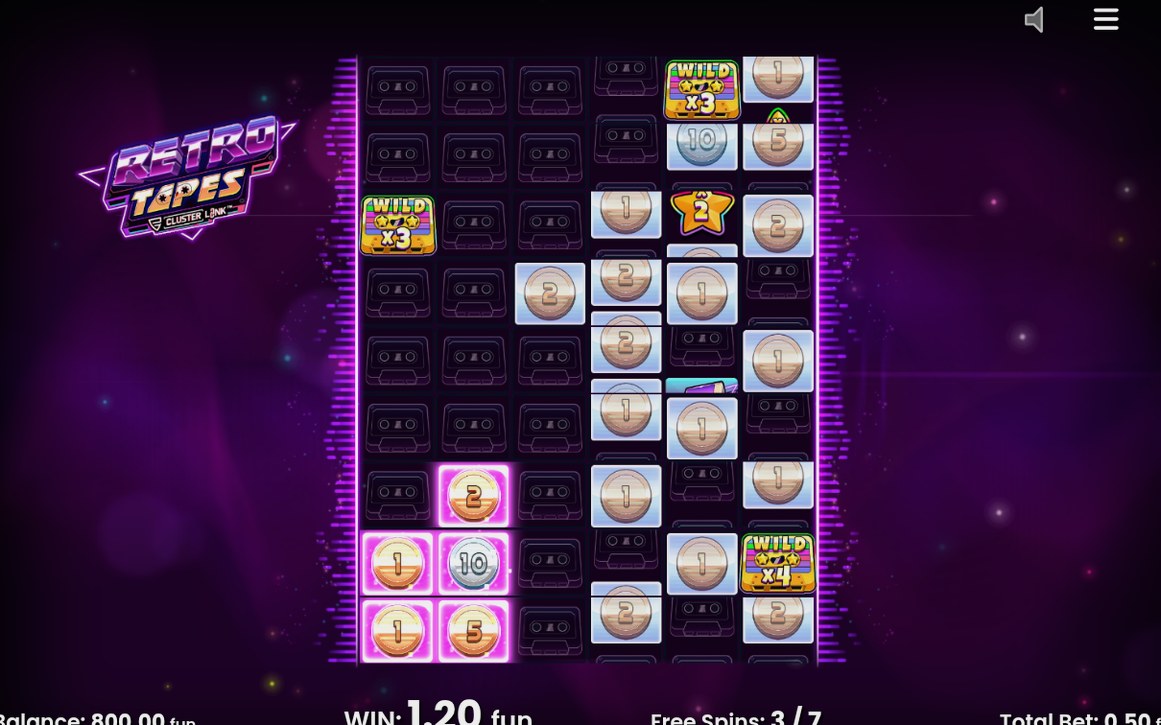 Free Spins på spelplanen med Retro Tapes-grafik